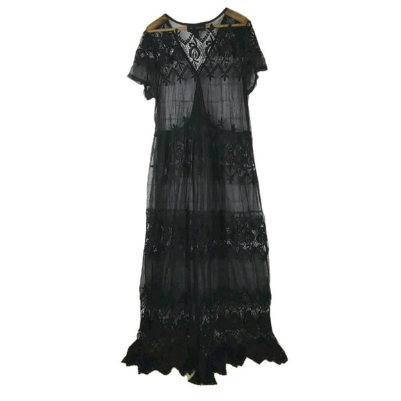 Colleen Lopez Sheer Lace Robe Coverup Lingerie 1X Black Femme Fatale Fairy Goth - Picture 2 of 9